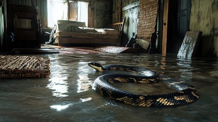 huge black and gold snake slithering on the flooded floor of an abandoned house with submerged furniture, a cinematic scene with reflections and a mysterious, eerie atmosphere