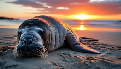 Poster - Majestic elephant seals basking on sandy shoreline under a vibrant sunset sky