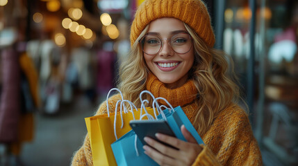 Young Woman use of mobile phone and hold with shopping bag. Consumerism, sale, black friday. Online shopping.