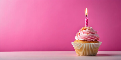 Cupcake with a candle on a pink background, cupcake, candle, pink, celebration, dessert, bakery, sweet, treat, party