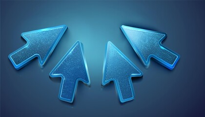 Poster - Four blue directional arrows with a digital texture, radiating outward against a dark background.