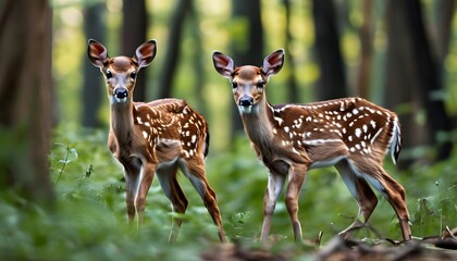 Wall Mural - Serene woodland scene with pair of Fallow deer gracefully strolling through the forest