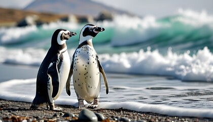 Wall Mural - Magellanic penguins embracing the coastal scenery