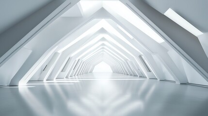 Poster - bright, modern architectural hallway with triangular beams and glossy floor in a minimalist design d