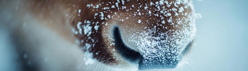 Aufkleber - Close-up of a snow-covered nose, showcasing intricate details and textures against a soft, blurred winter background.