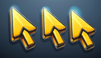 Poster - Three shiny yellow cursor icons feature a sleek design against a dark background, highlighting digital navigation.