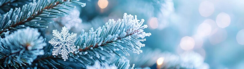Poster - Close-up of frosted pine branch with delicate snowflakes, creating a serene winter atmosphere with soft bokeh lights in the background.