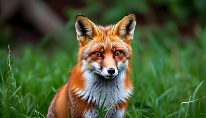 Wall Mural - Intimate portrait of a Red fox nestled among vibrant green grass