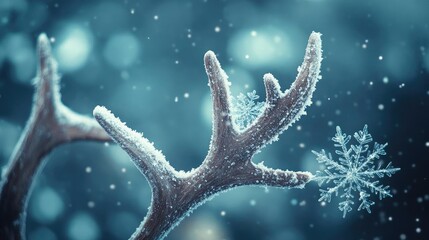 Poster - A close-up of a snowy antler with delicate snowflakes falling in a serene winter wonderland atmosphere.
