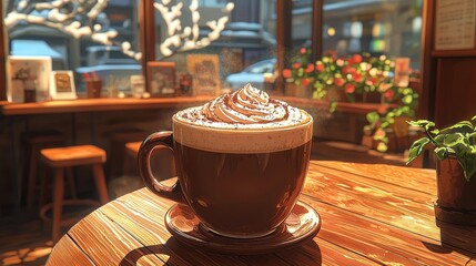 a rich chocolate cappuccino with a smooth, chocolate-dusted foam, set against a warm wooden table in