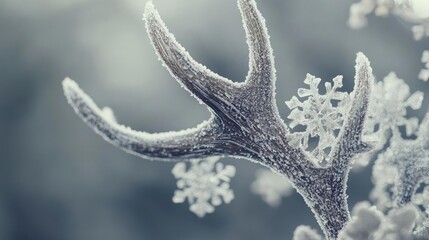 Poster - Close-up of frosty deer antler with delicate snowflakes, capturing the serene beauty of winter in nature.