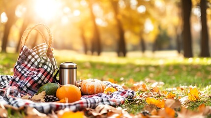 Cozy autumn picnic scene featuring a picnic basket, vibrant leaves, and seasonal fruits under a warm sunlight.