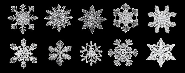 Aufkleber - A collection of unique snowflakes showcasing intricate patterns and designs, perfect for winter-themed projects and decorations.