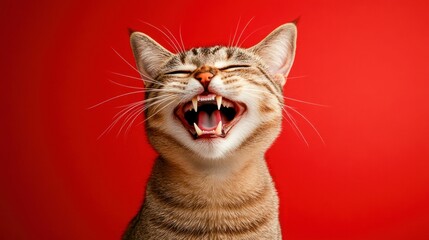 Smiling Cat Showing Its Teeth on a Red Background. Generative ai