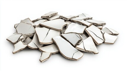 Wall Mural - side view on one single broken ceramic pile heap isolated on white background