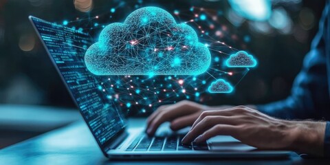 Wall Mural - A man uses a laptop while a cloud computing diagram appears above his hand, illustrating cloud technology, data storage, networking, and internet services.