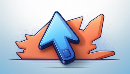 Poster - A stylized blue upward arrow emerges from vibrant orange shapes, symbolizing progress and growth in a dynamic design.