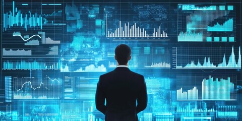 Aufkleber - Big data analytics and business intelligence are shown through digital charts and graphs, with a businessman analyzing data in the background.