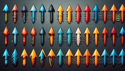 Poster - A vibrant assortment of arrows in various colors and designs, arranged in rows against a dark background.