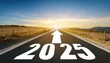 © Niser - Road to 2025 with an empty road with written 2025 and arrow pointing towards the horizon to represent the future and positivity and success of the new