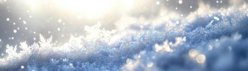 Poster - Glistening snowflakes illuminate a frosty landscape, creating a serene winter atmosphere filled with beauty and tranquility.