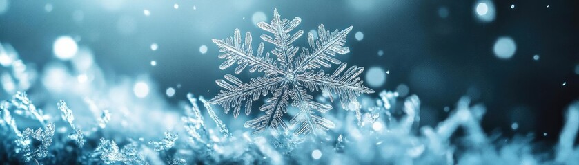 Poster - Close-up of a delicate snowflake on shimmering ice, surrounded by soft blue hues, capturing the essence of winter wonder.