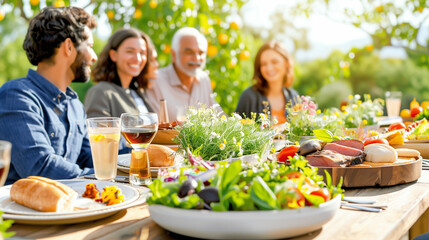 Food dinner gathering with friends in a beautiful outdoor setting featuring fresh salads and diverse dishes