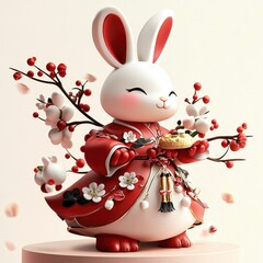 Wall Mural - Adorable Rabbit in Traditional Chinese Clothing Holding a Mooncake