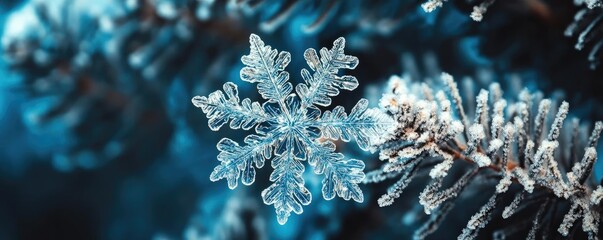 Poster - A delicate snowflake rests on a frost-covered pine needle, showcasing nature's intricate winter beauty.