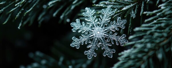 Poster - A close-up of a delicate snowflake resting on evergreen branches, showcasing intricate patterns and winter beauty.