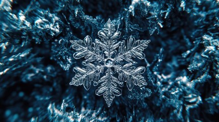 Poster - A stunning close-up of a snowflake showcasing intricate patterns and details against a dark, icy background.