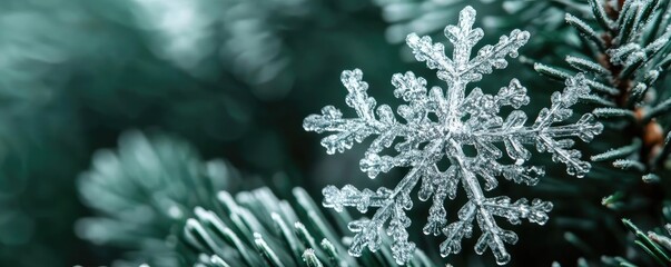 Poster - A close-up of a delicate snowflake resting on a pine branch, highlighting the beauty of winter's natural wonders.