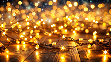 Golden christmas lights shining with bokeh effect in background, creating a festive and magical holiday atmosphere