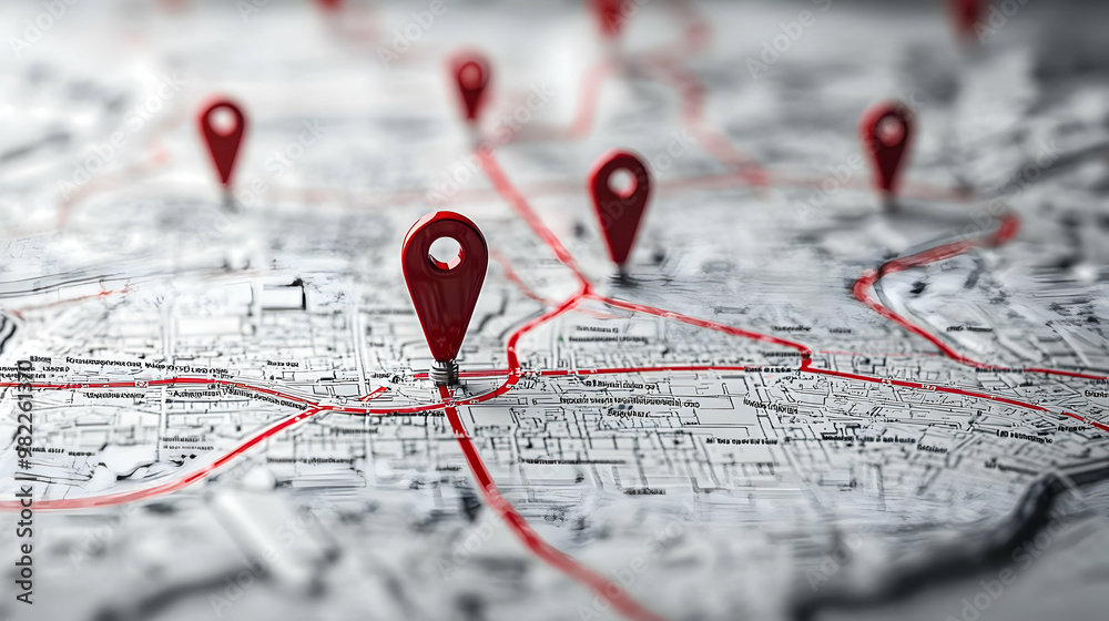 Red Pin Location Markers on a Detailed City Map with Roads and Streets ...