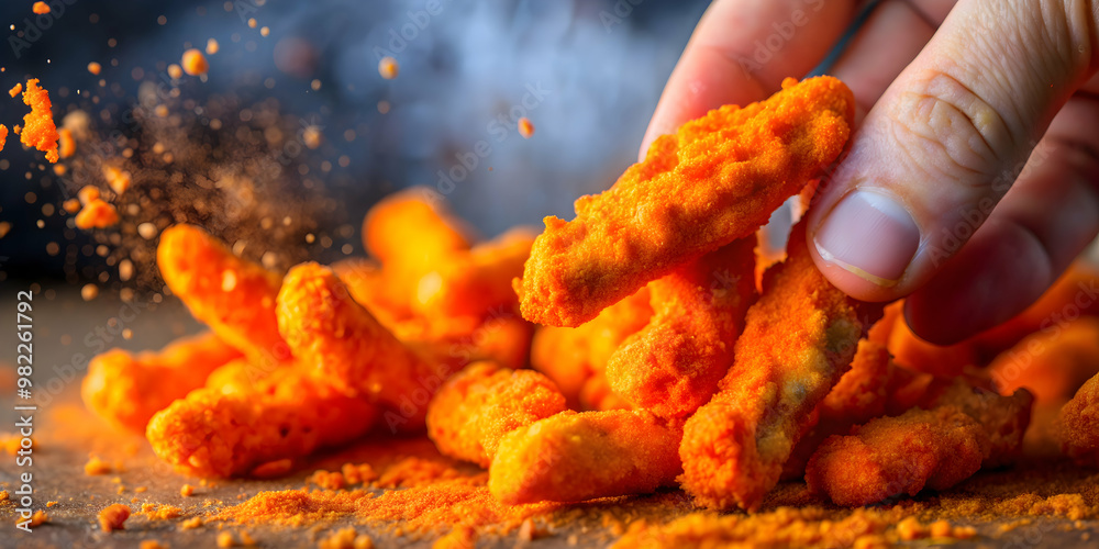 A close-up photo of a messy hand covered in orange dust from eating ...