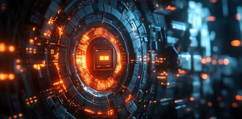 Poster - futuristic abstract technology background with orange lights.