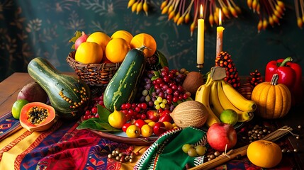 Canvas Print - a Kwanzaa table featuring fruits vegetables and other harvest symbols