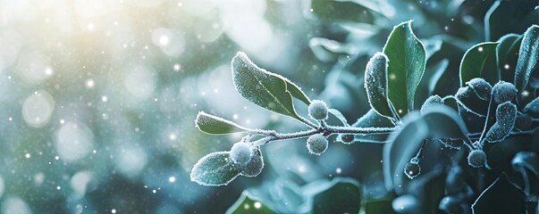 Poster - A serene close-up of frosted leaves with soft sunlight illuminating the scene, creating a magical winter atmosphere.