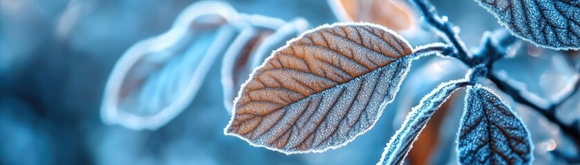Poster - Close-up of frosted leaves with a soft blue background, capturing the delicate beauty of nature in winter.