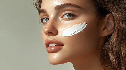 Close-up of a Woman's Face with a Swirl of White Cream on Her Cheek