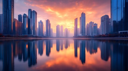 Wall Mural - Stunning skyline during sunset, reflecting on calm water. A beautiful cityscape showcasing modern architecture and vibrant colors.