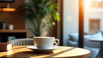 Canvas Print - A steaming white cup of coffee sits on a wooden table, softly illuminated by warm sunlight filtering through a window in a cozy living space