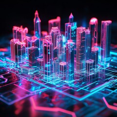 Poster - Futuristic city skyline with glowing neon lights.