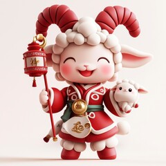 Wall Mural - Cute Cartoon Sheep Holding Lantern and Lamb for Chinese New Year