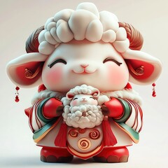 Wall Mural - Cute Cartoon Sheep Holding a Lamb in a Traditional Chinese Outfit