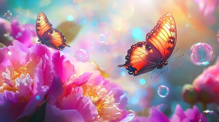 Canvas Print - Two orange butterflies flying near pink peonies with soap bubbles in a sunny, colorful garden.