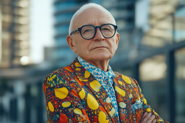 Portrait of a trendy senior man wearing colorful clothes standing in a modern city