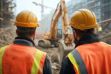 Two construction workers observe machinery at a building site, highlighting teamwork and safety in urban development.