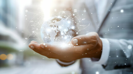 Wall Mural - A Person Holding a Digital Globe with Interconnected Lines Representing Global Connections and Networks