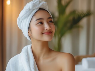 Asian woman wrapped in a white towel, smiling while receiving a neck massage, spa interior, Body care, calm and peaceful